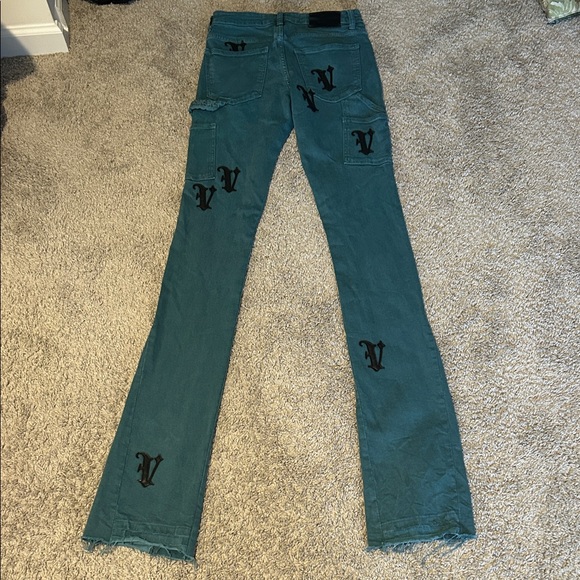 Stylish Teal Stacked Flare Jeans with Black Accents - Picture 3 of 4